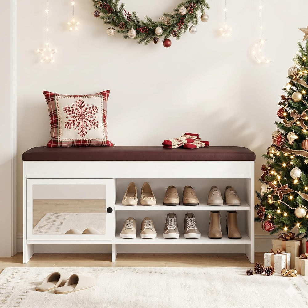 40.5 in Shoe Bench with Storage, Storage Bench, Padded Seat, White | Lift-top...