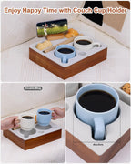 Couch Cup Holder Tray, Portable Silicone Acacia Wooden Double Cup Holder for Couch, Sofa Tray with 360°Rotating Phone & Pad Holder, Anti-Spill TV Tray for Living Room Car Black