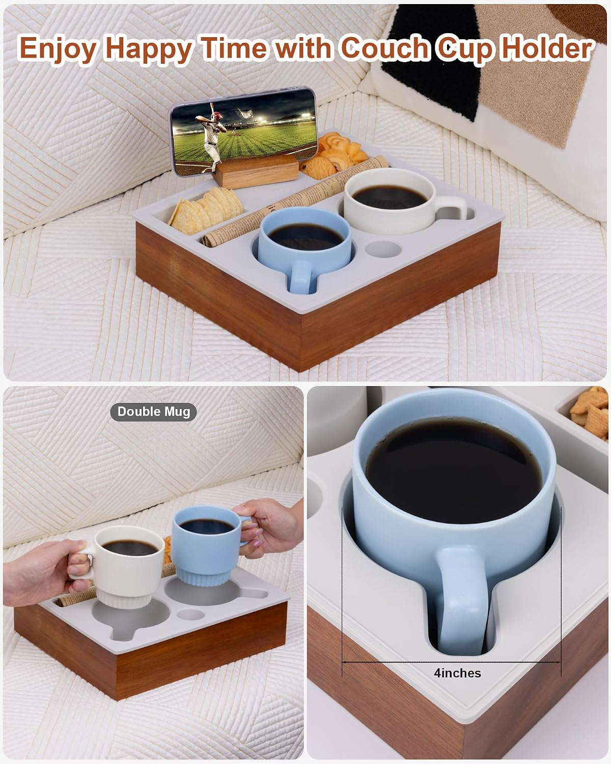 Couch Cup Holder Tray, Portable Silicone Acacia Wooden Double Cup Holder for Couch, Sofa Tray with 360°Rotating Phone & Pad Holder, Anti-Spill TV Tray for Living Room Car Black