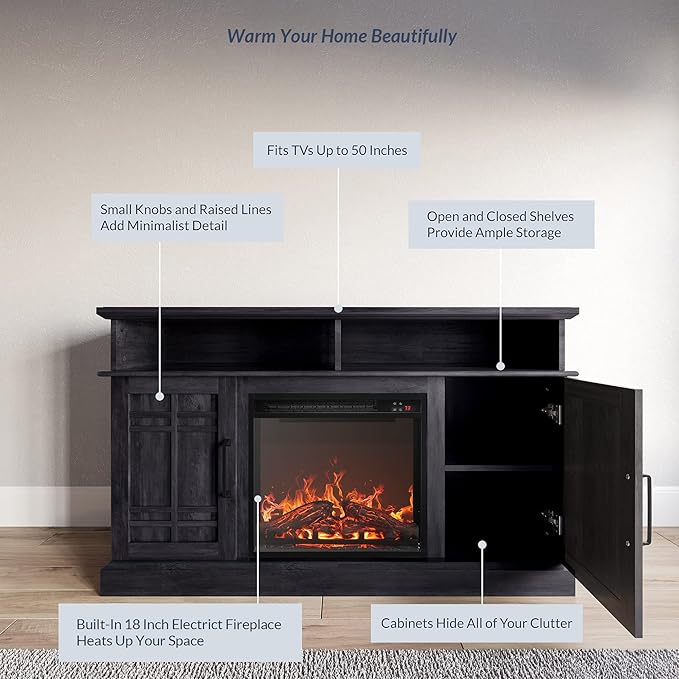 BELLEZE 48" TV Stand with 18" Electric Fireplace Heater, Modern TV Stand for TVs up to 50", Entertainment Media Stand with Open Shelves and Storage Cabinets for Living Room, Bedroom (Rustic Grey)