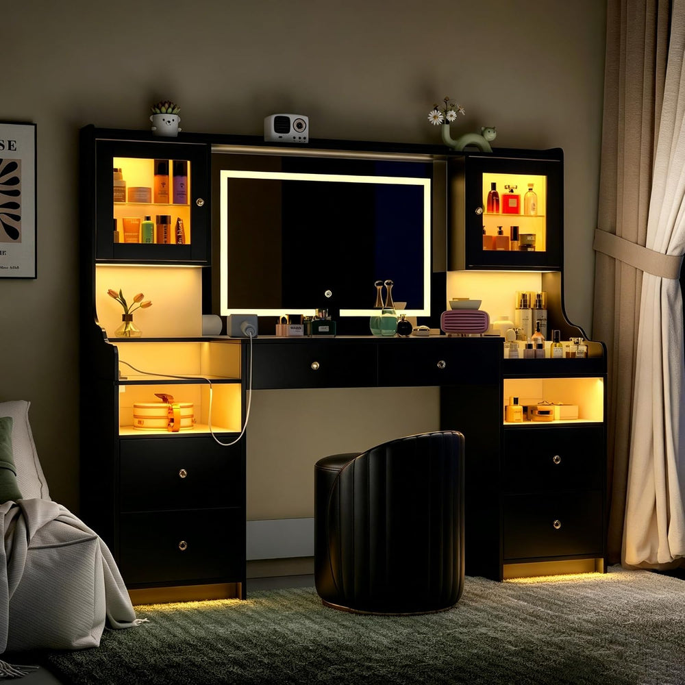 wanan 62" Large Black Vanity Desk with Glass Top, Makeup Vanity with Mir...