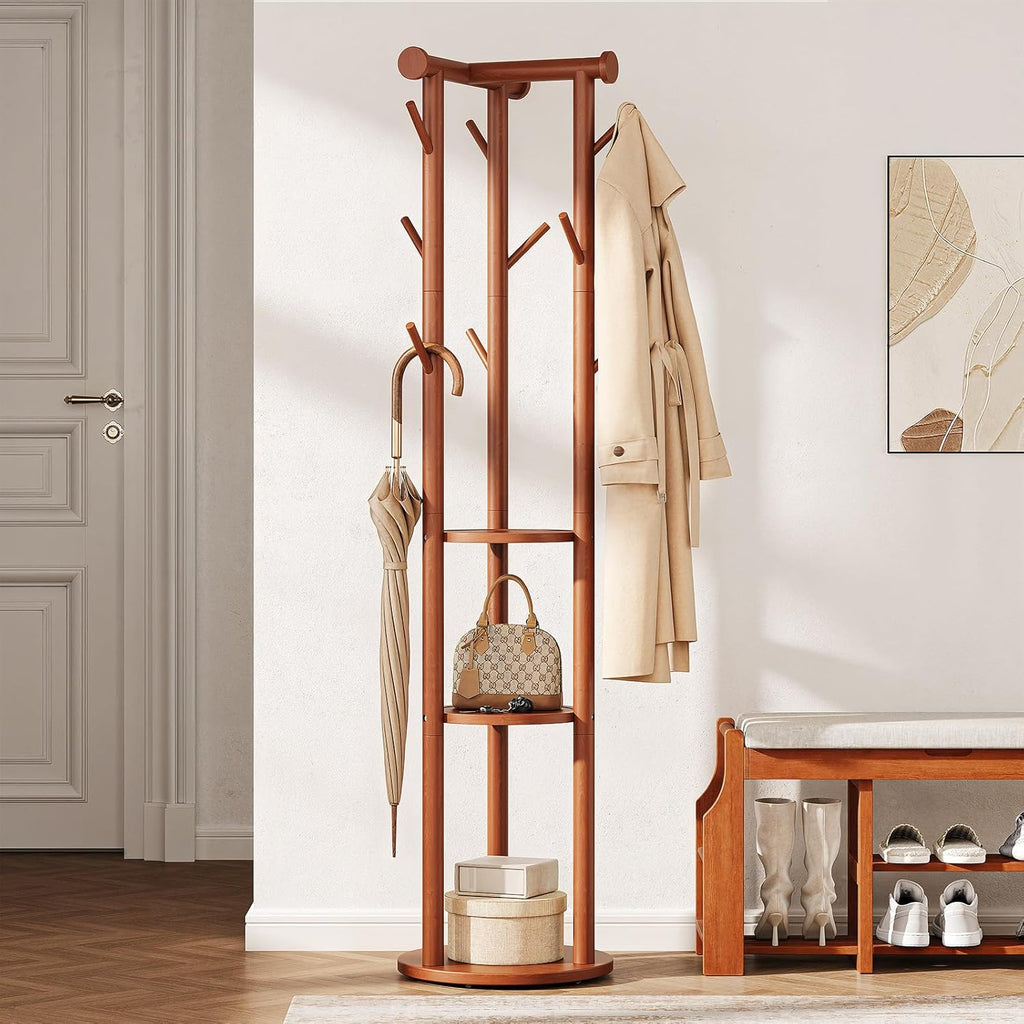 Pipishell Rotary Coat Rack, Solid Wood Coat Rack Freestanding with Wheels, 9 Hooks, T-Shaped Top & 3-Tier Shelves for Entryway, Hallway, Bedroom, Coat Tree for Coats, Bags, Hats & Scarves