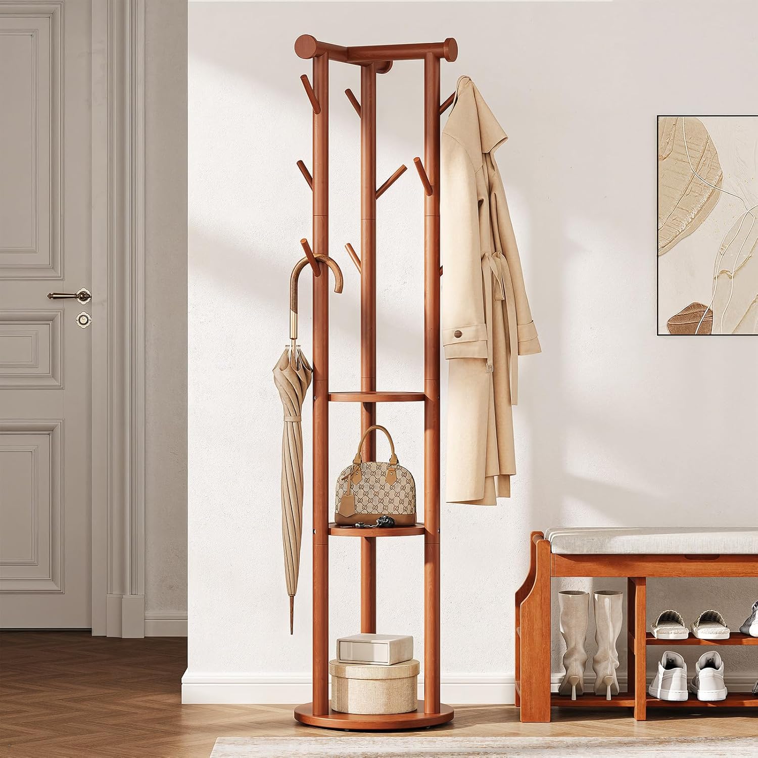 Pipishell Rotary Coat Rack, Solid Wood Coat Rack Freestanding with Wheels, 9 Hooks, T-Shaped Top & 3-Tier Shelves for Entryway, Hallway, Bedroom, Coat Tree for Coats, Bags, Hats & Scarves