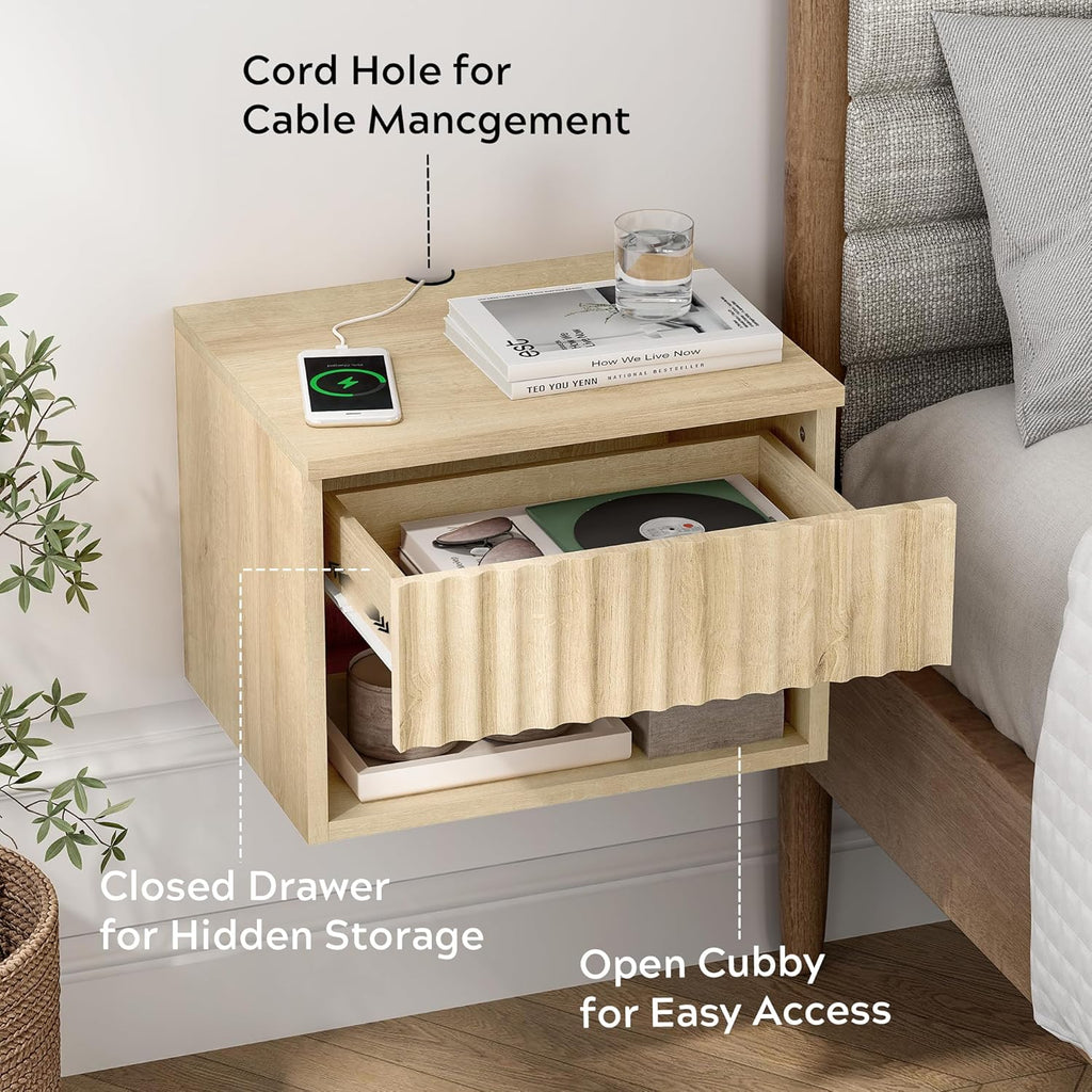 Small Floating Nightstand with Drawer, Modern Night Stand with Fluted Door and Open Storage Shelf Wall Mounted Bedside Table for Bedroom, Entryway Light Oak