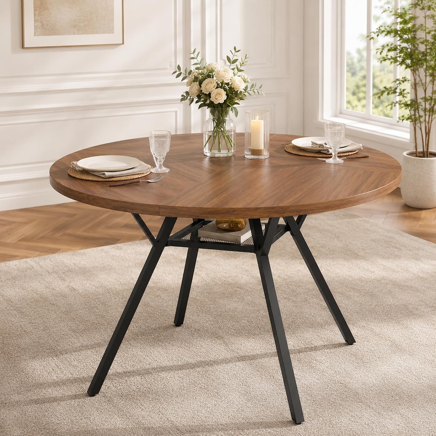 Pamapic 47'' Round Dining Table for 4-6 People | Solid Metal Frame, Circle Dinner Pedestal, Convenient Storage Shelf, Durable MDF Board, Natural Wood Table Surface