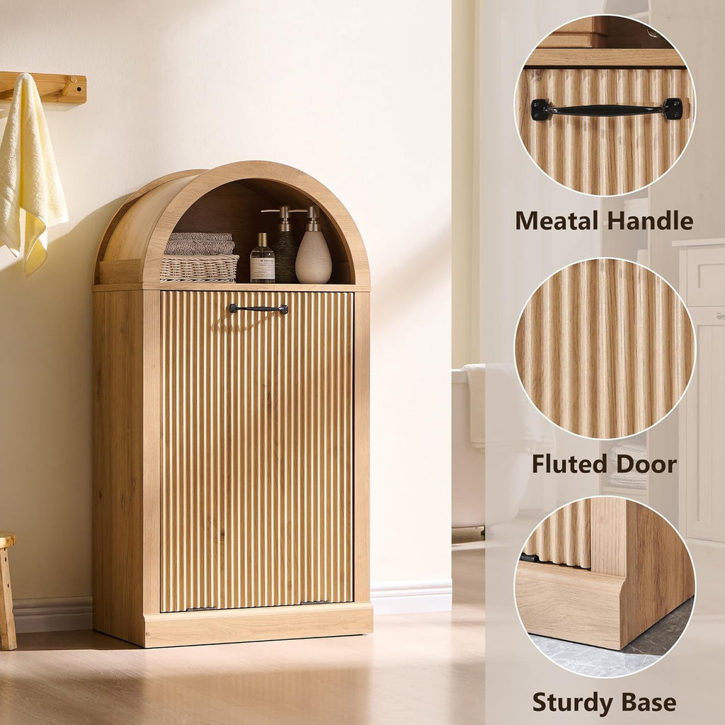Arched Tilt-Out Trash Can Cabinet, Fluted 10 Gallon Trash Can Cabinet Set of 2, Modern Laundry Hamper, Hidden Garbage with Storage Basket for Kitchen, Living Room, Natural