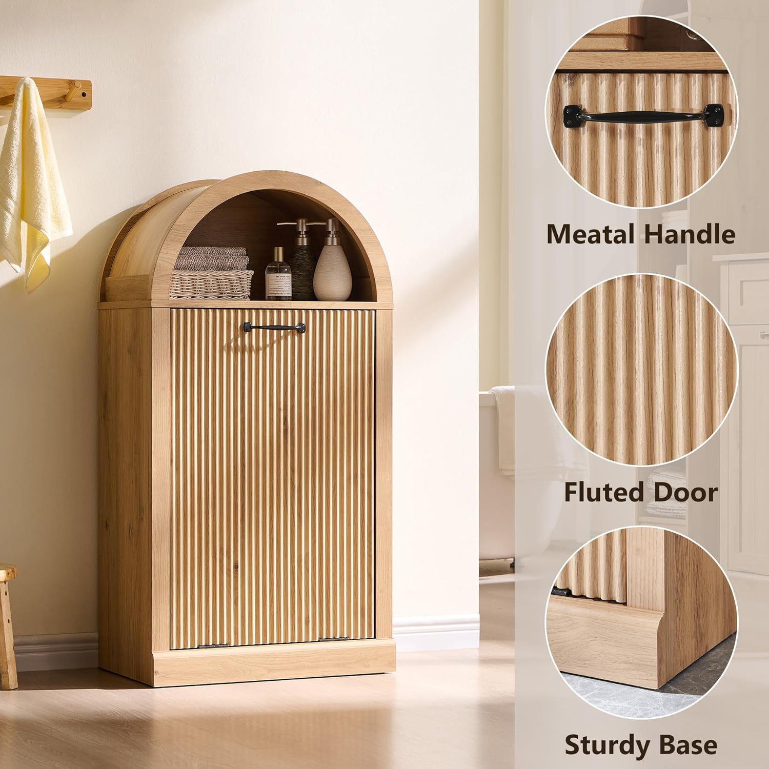 Arched Tilt-Out Trash Can Cabinet, Fluted 10 Gallon Trash Can Cabinet Set of 2, Modern Laundry Hamper, Hidden Garbage with Storage Basket for Kitchen, Living Room, Natural