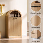 Arched Tilt-Out Trash Can Cabinet, Fluted 10 Gallon Trash Can with Open Shelf, Modern Laundry Hamper Cabinet, Hidden Garbage Can with Storage Basket for Kitchen, Living Room, Narural