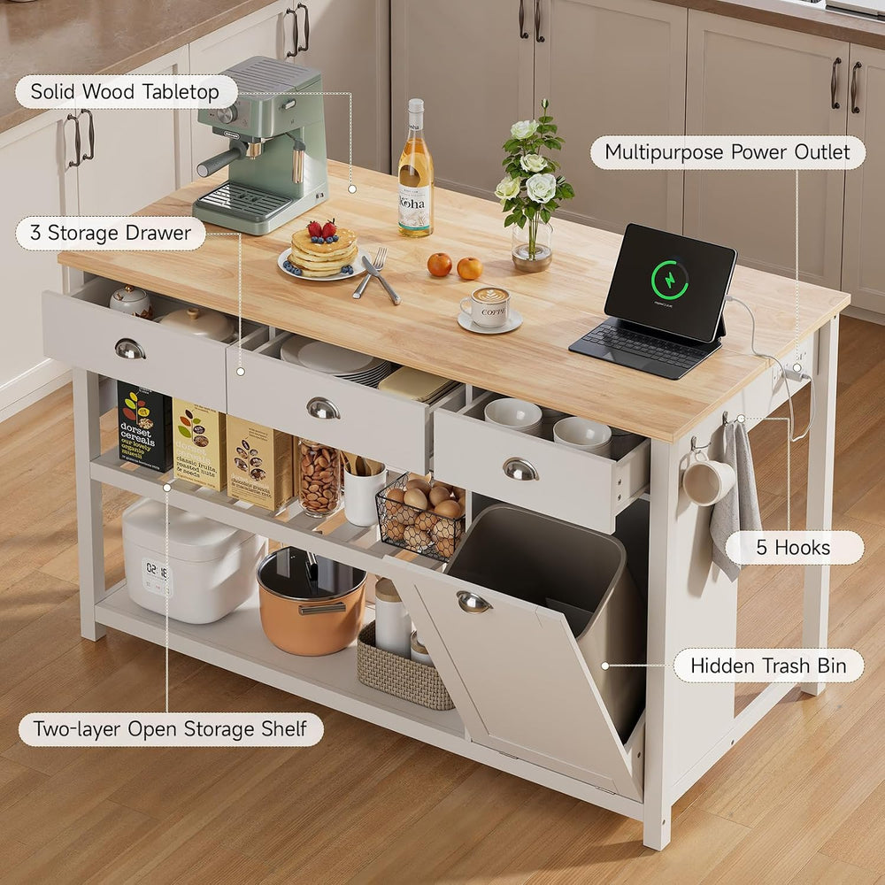 ONBRILL 59" Kitchen Island with Storage, Solid Rubberwood Tabletop | Isl...
