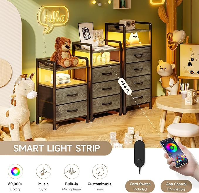 Night Stand with Charger Station - Grey Nightstand with LED Light Strip, Mord...