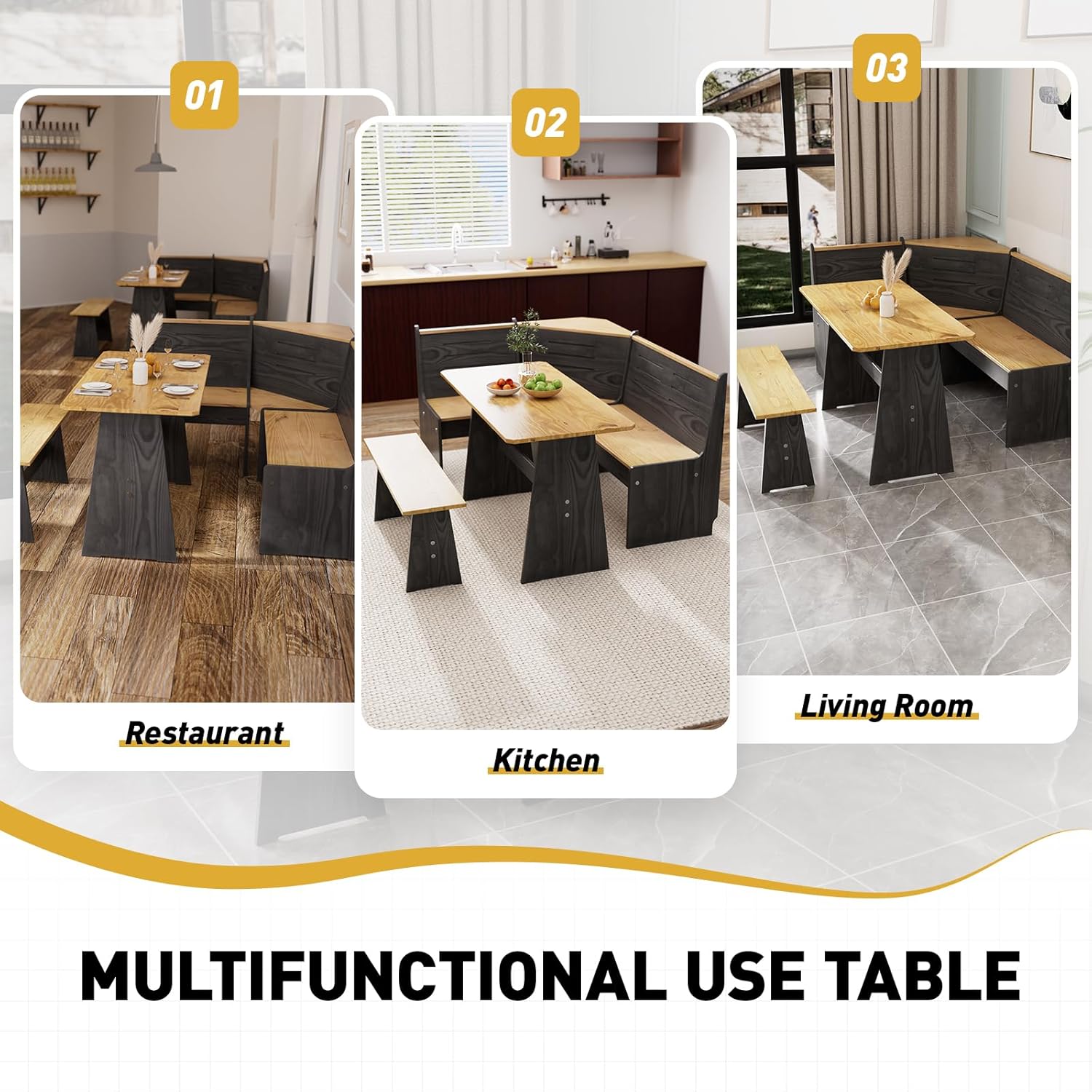 Kitchen Breakfast Nook Table Set - Solid Wood Corner Bench Dining Set for 4-6 People, L Shaped Bench for Dinner Room, Space Saving Kitchen Booth Seating with Table for Small Space, Ink Black