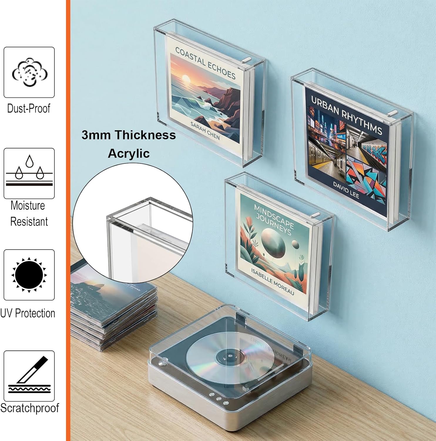 CD Jewel Case Holder for Single and Chubby CD Box Wall Mount Protector Case Holder Display Frame Shelf-5.75X5X1.1 inches (Large)