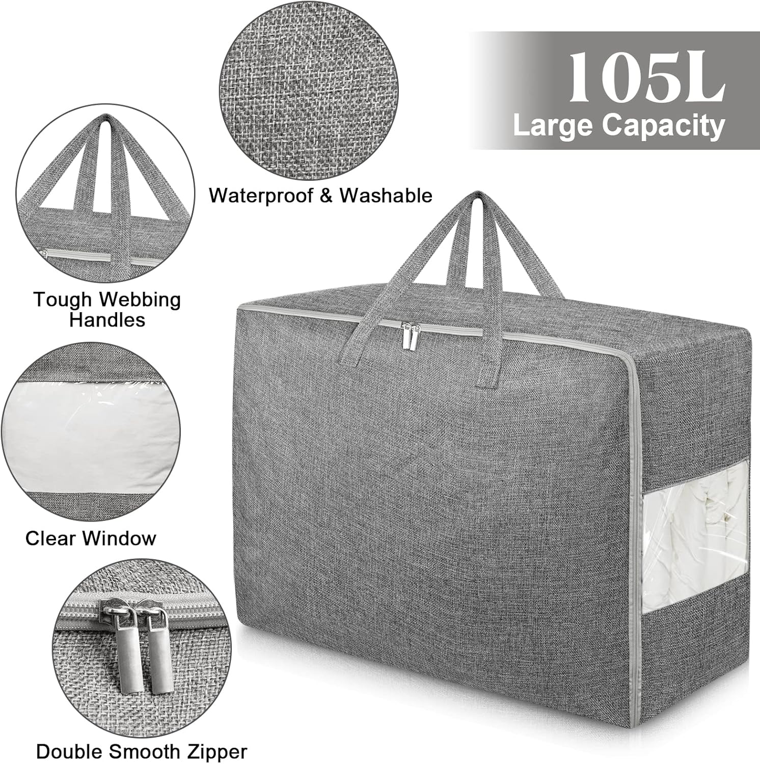 6Pack 105L Extra Large Storage Bags, Folding Moving Comforter Blanket Storage Bags Closet Organizers and Storage Containers for Clothes with Strong Handles&Zippers Clear Window for Bedding Pillow Grey