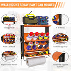 Spray Bottle Holder Wall-Mounted, Aerosol Spray Can Holder, Heavy Duty Paint Bottle Organizer with 8 Can Holes 80 LBS, Utility Storage Rack with Paper Towel Holder for Garage, Shop or Tool Trailer