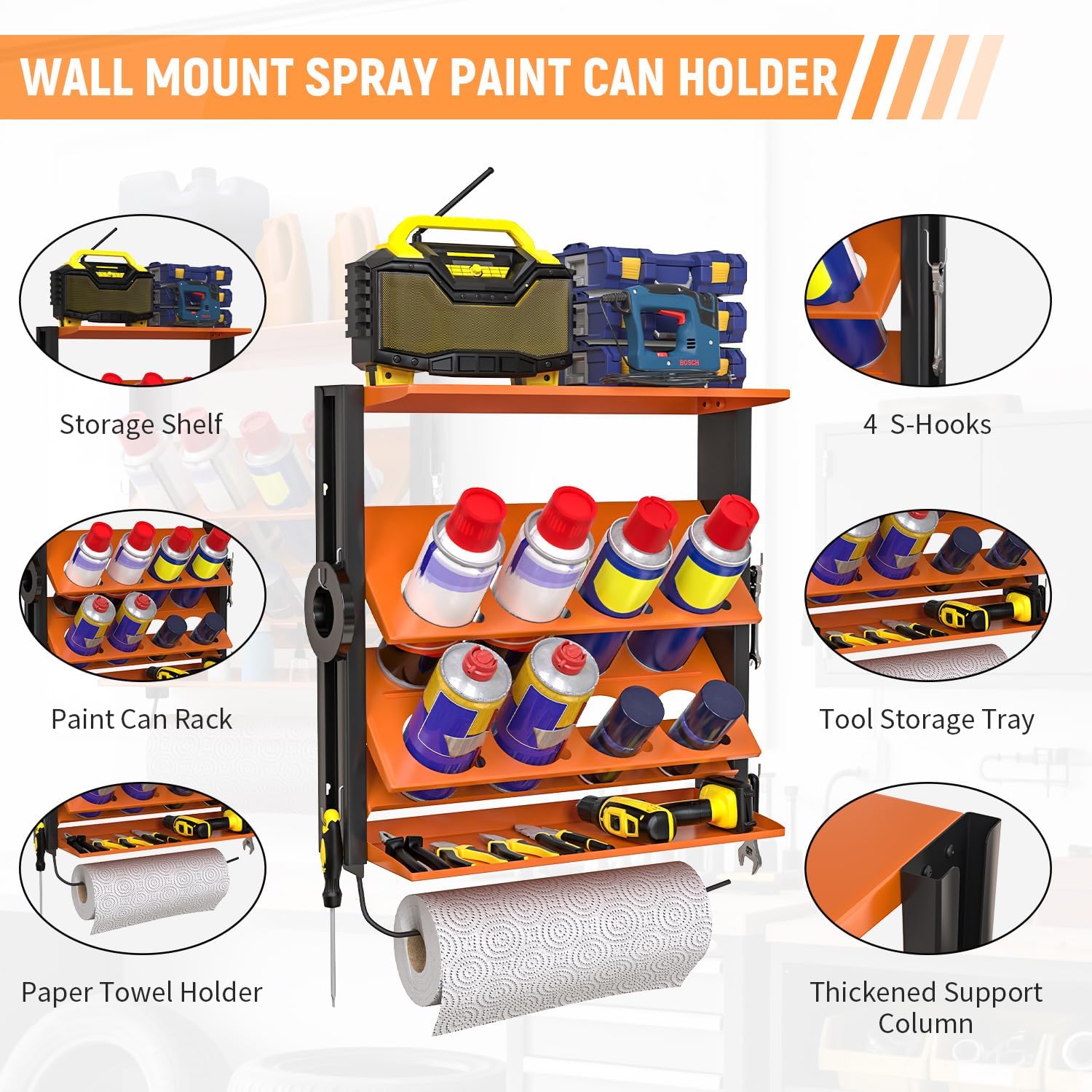 Spray Bottle Holder Wall-Mounted, Aerosol Spray Can Holder, Heavy Duty Paint Bottle Organizer with 8 Can Holes 80 LBS, Utility Storage Rack with Paper Towel Holder for Garage, Shop or Tool Trailer