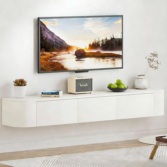 SHGJ&SOFT Floating TV Stand Wall Mounted Media Console with Door Entertainment Centerwith Storage Cabinets, Wall Mounted TV Shelf for Bedroom,Living Room (White, 55.1IN)