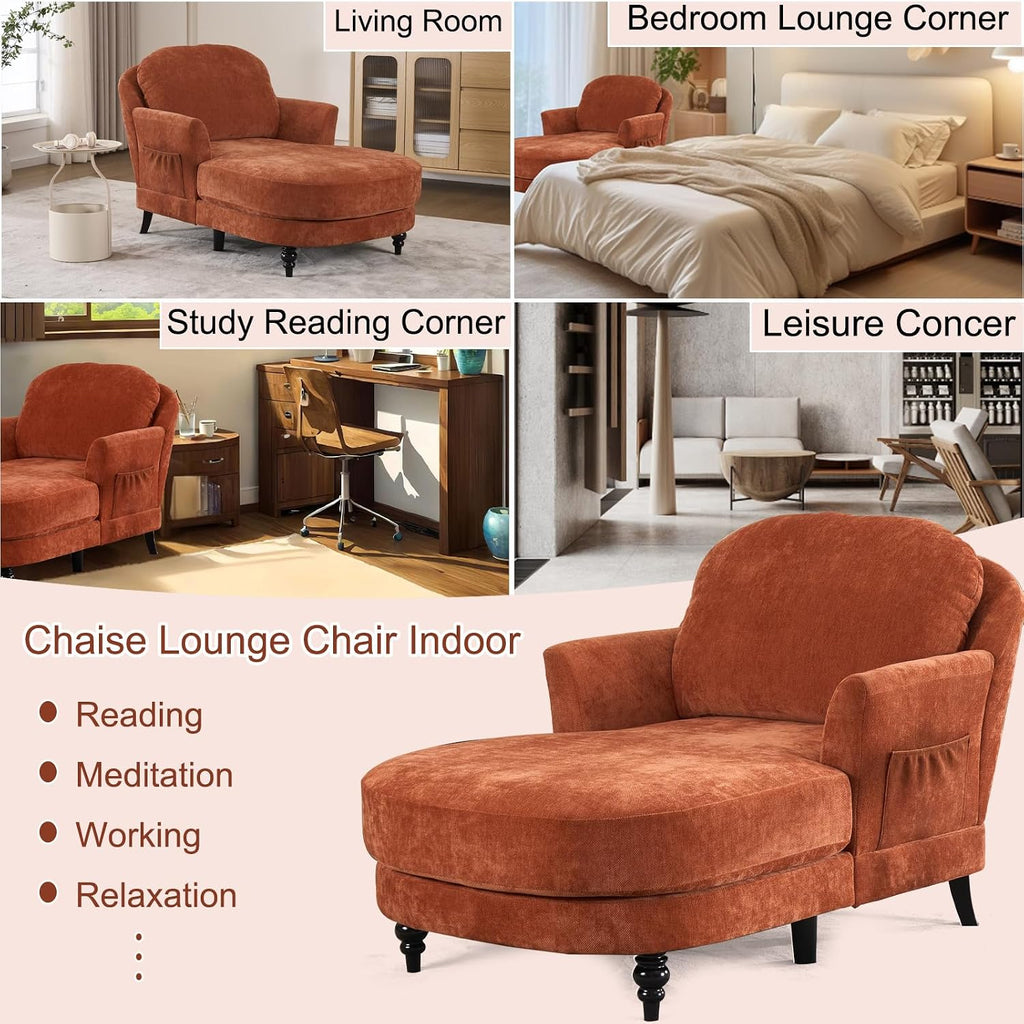 59.8" Chaise Lounge Chair Indoor, Chenille Reading Chairs | Side Pocket, Upholstered Chaise Lounge for for Bedroom, Living Room& Apartment ,Sturdy Frame, Orange
