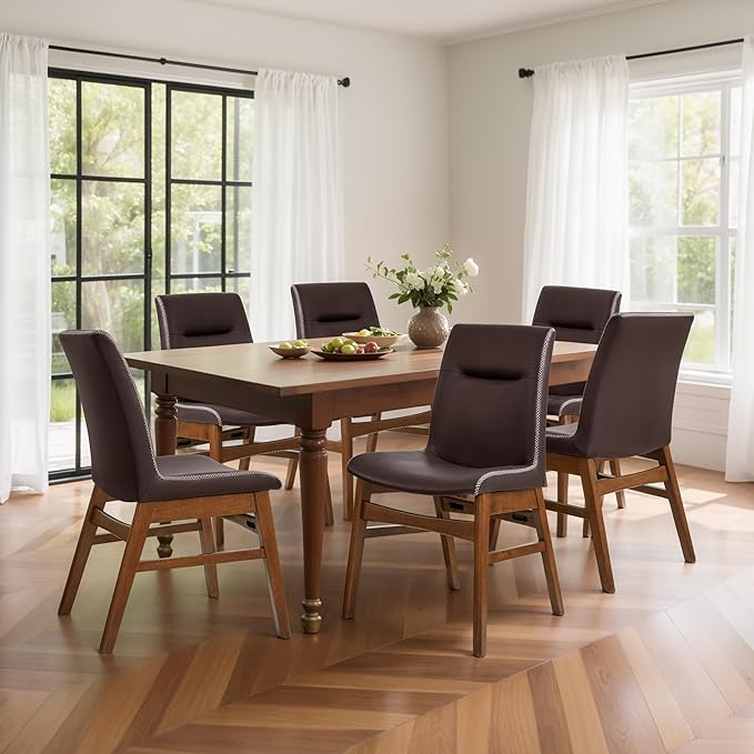 SyMax Dining Chairs Set of 6, Faux Leather Dining Room Chairs with Stitched Edge Trim, Modern High-End Kitchen Side Chairs for Bedroom, Living Room, Dark Brown