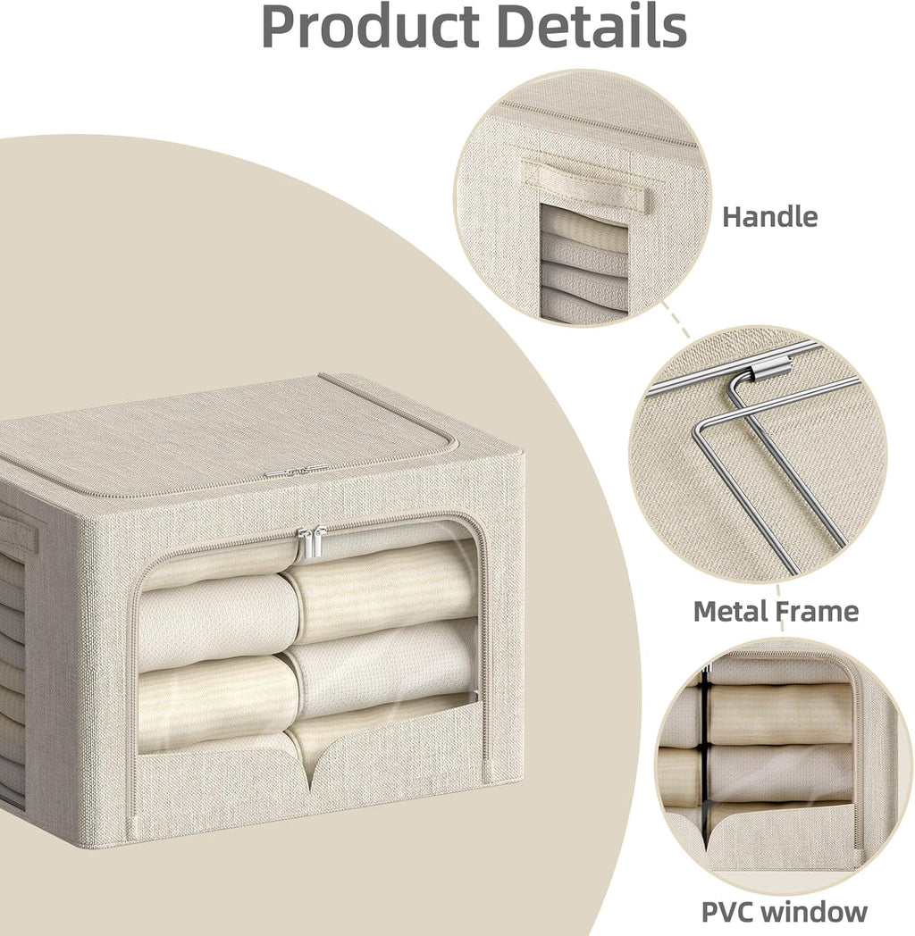 FHSQX 3 Pack Clothes Storage Bins - Foldable Metal Frame Storage Box - Stackable Linen Fabric Container Organizer Set with Carrying Handles and Clear Window (Beige, 16.5x12.2x12.2inch(40L))