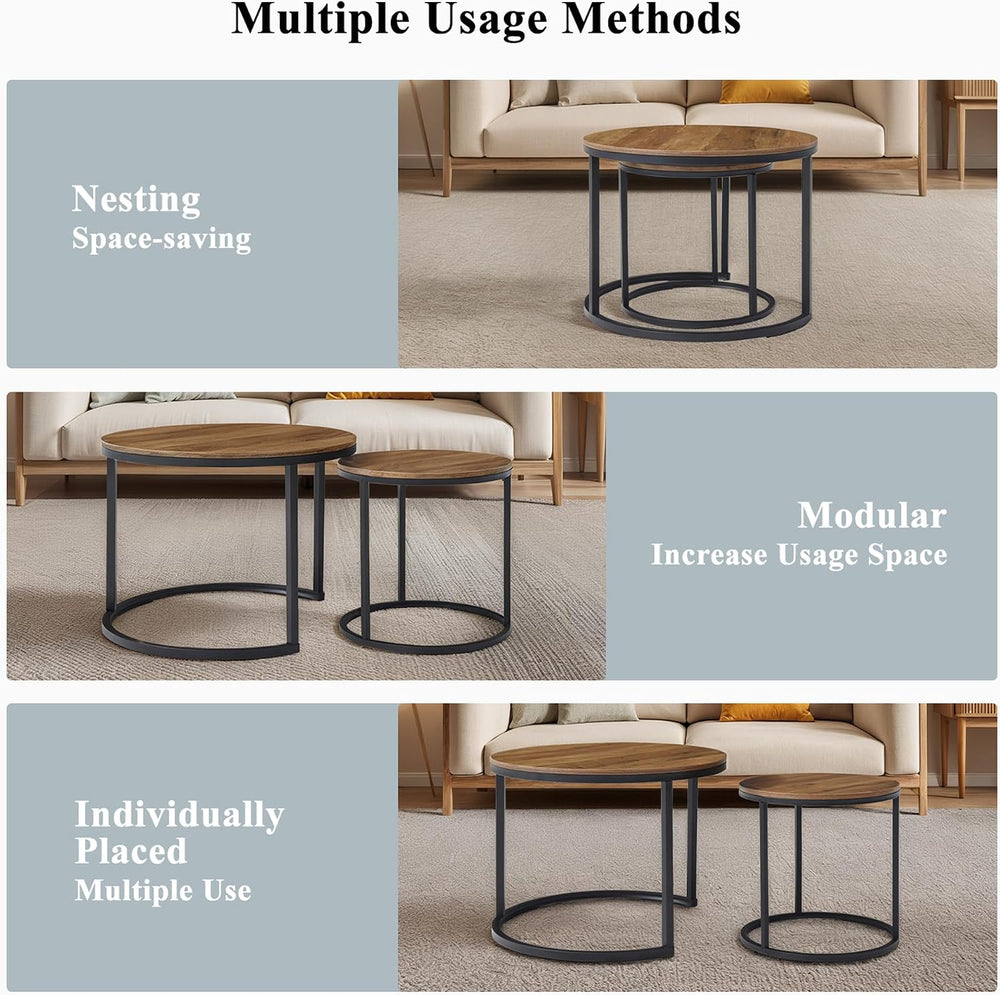 Nesting Coffee Table Set of 2, Round Coffee Table w/Wood Grain Top, Modern Li...