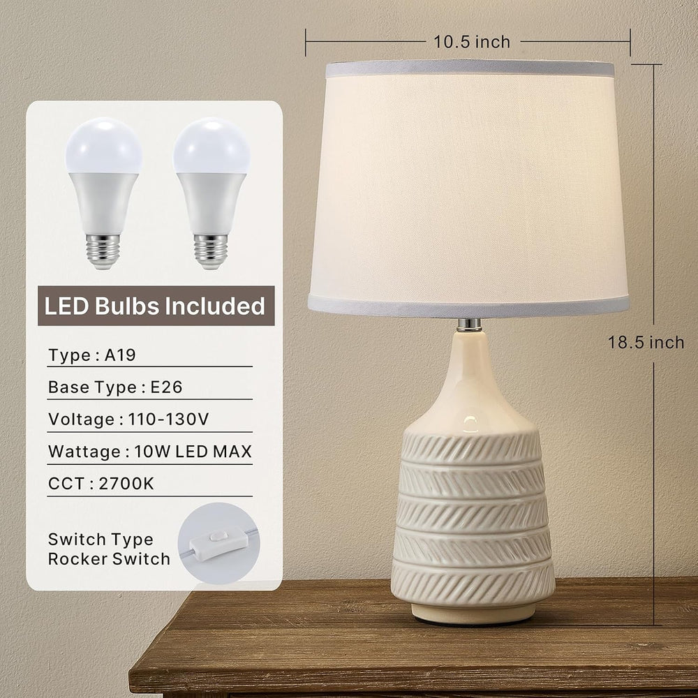 White Ceramic Table Lamps Set of 2, 18.5" Modern Bedside Lamps for Night...