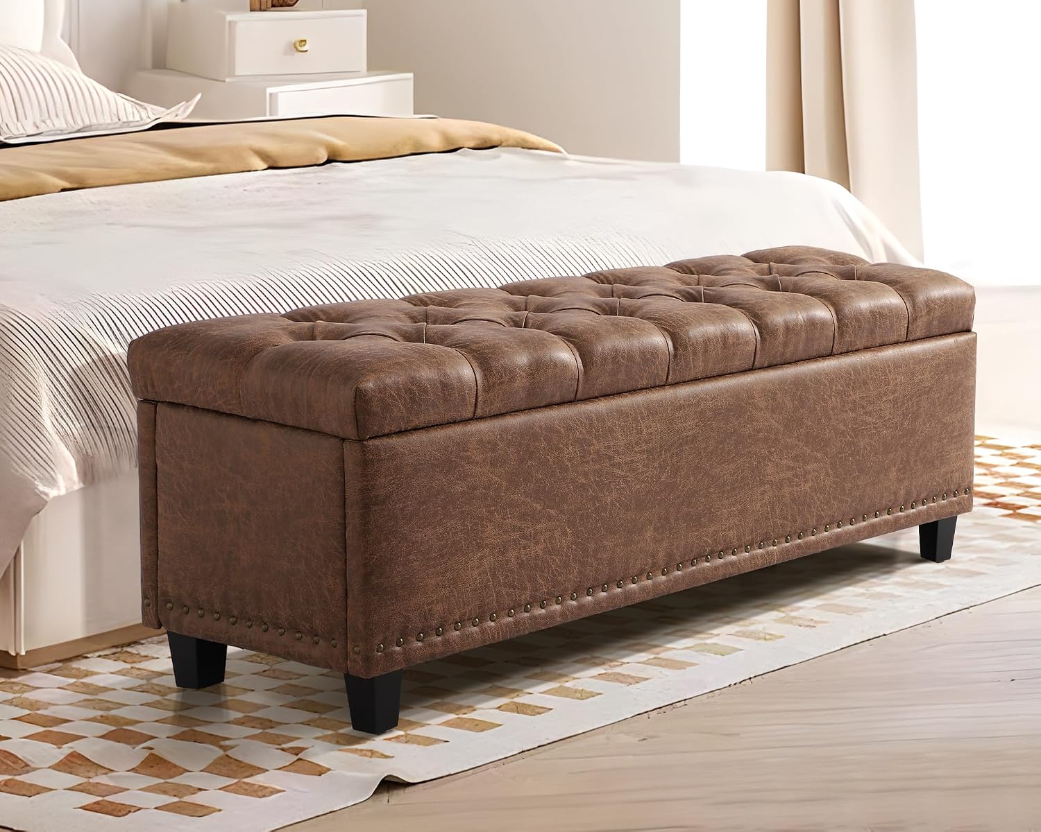 Grepatio Storage Ottoman Bench for Bedroom - 51" Tufted End of Bed Storage Benches with Foot - Upholstered End of Bed Bench - Large Rectangular Bed Ottoman Benches for Living Room Bedroom (Brown)
