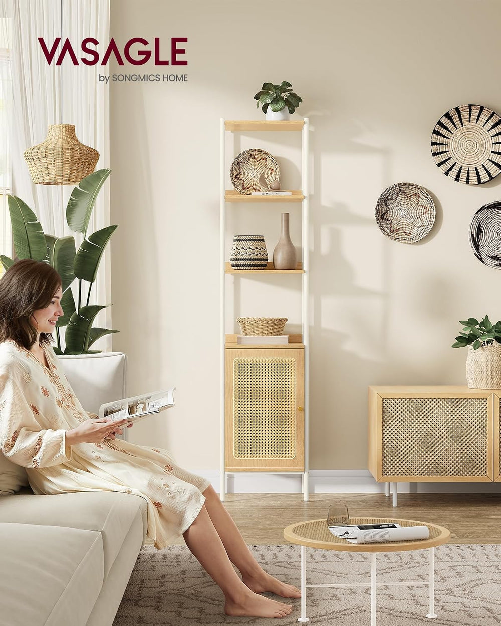 VASAGLE 6-Tier Bookcase with Rattan-Like Door, 15.8-Inch Wide, Metal Frame