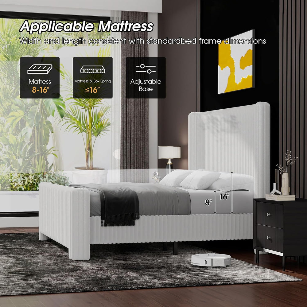 Ihanherry Queen Size Bed Frame with Faux-Fur Curved Wingback Headboard & ...