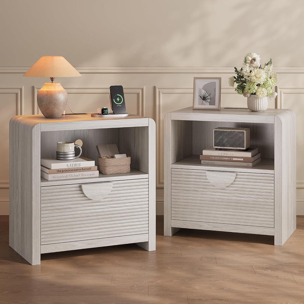Fluted Nightstands Set of 2 with Charging Station, 23" Wide Wood Bedside...