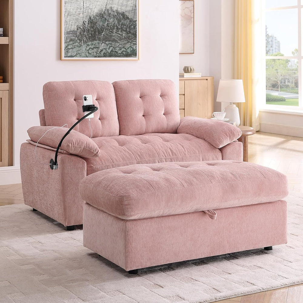 Chaise Lounge Chair Indoor with Storage Ottoman, Comfy Chenille Tufted Lovese...