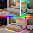 Feonase Floating Bed Frame Full with Led Lights and Charging Station, Wood Full Size Bed Frame with Storage Headboard, Heavy Duty Metal Slats, No Box Spring Needed, Easy Assembly,Oak