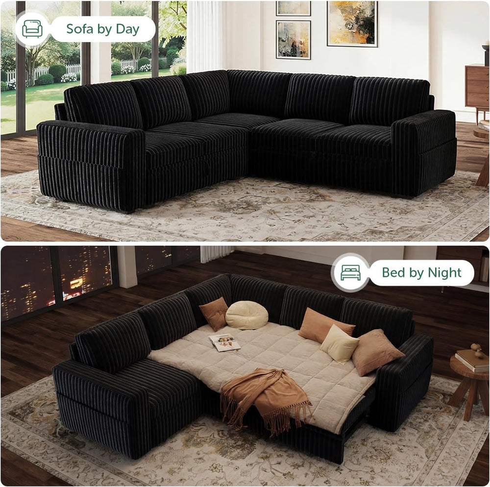 HONBAY Modular Sectional Sleeper Sofa with Pull Out Bed,Corduroy L Shaped Cou...