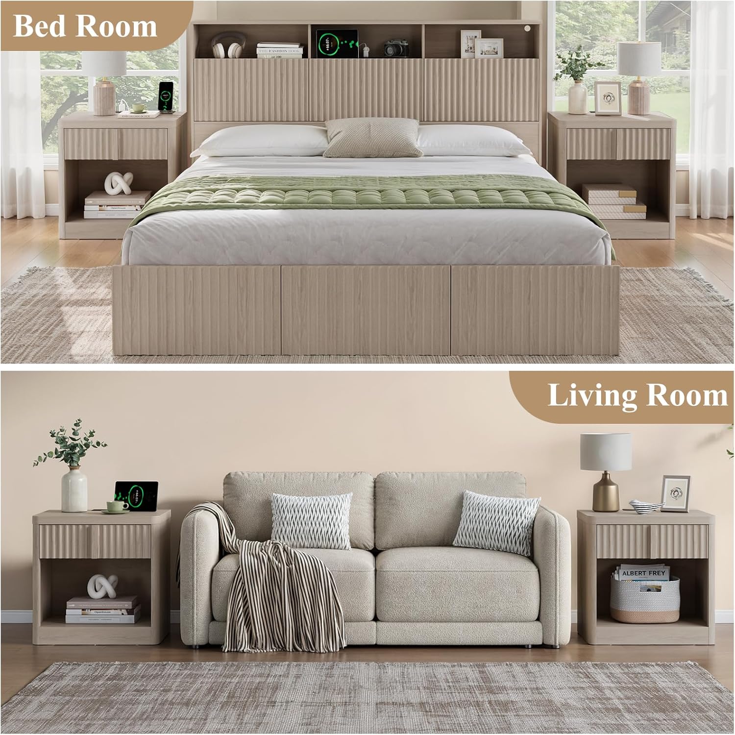 Fluted Nightstand Set of 2 with Charging Station, 23.6" Wood End Table with Solid Wood Handle, Curved Profile Design, Mid Century Moden Bedside Table for Bedroom, White Alder