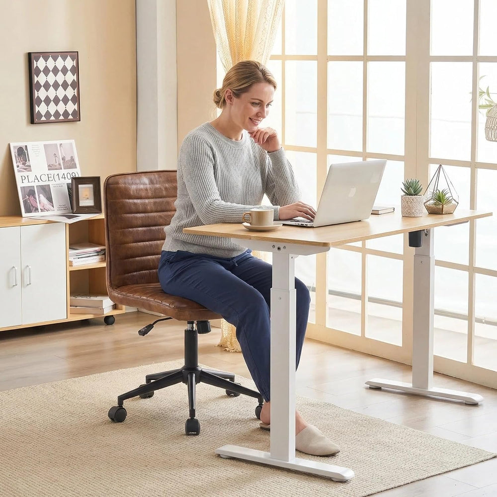 Furnimart Armless Swivel Rolling Desk Chair, Adjustable Faux Leather Vanity C...