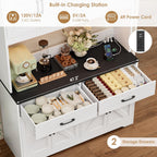 HIFIT 71" LED Pantry Cabinet with Charging Station, Tall Coffee Bar Cabinet | Farmhouse Kitchen Hutch Cabinet with Storage, Large Countertop, 7 Metal Cup Hooks, White+Black