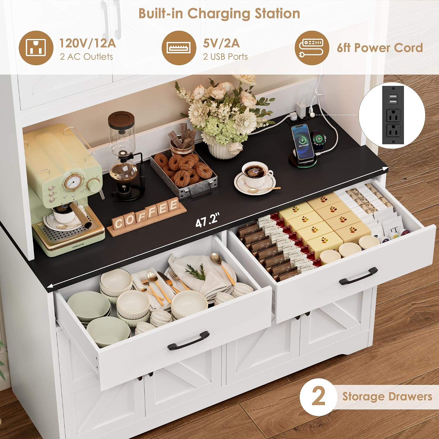 HIFIT 71" LED Pantry Cabinet with Charging Station, Tall Coffee Bar Cabinet | Farmhouse Kitchen Hutch Cabinet with Storage, Large Countertop, 7 Metal Cup Hooks, White+Black
