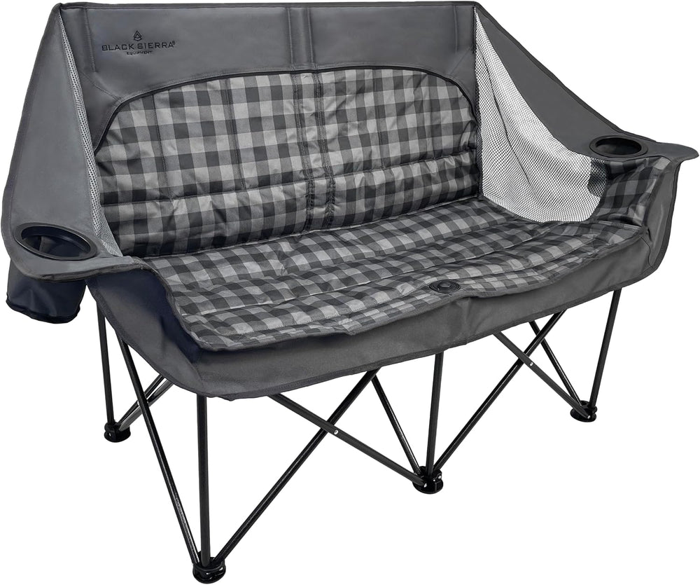 Black Sierra Double Camping Chair Loveseat, Oversized Padded, 600 lb