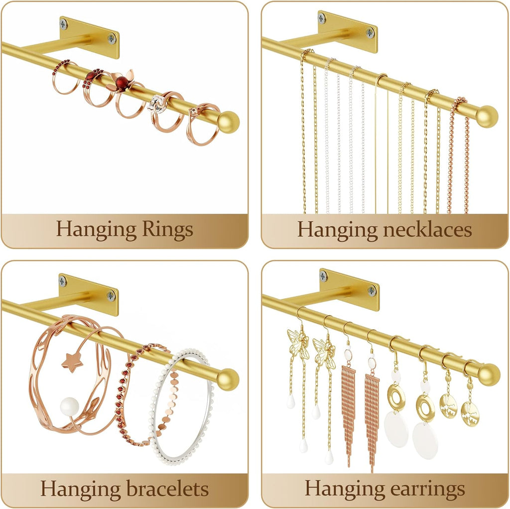 Wall Hanging Jewelry Organizer: 12.6'' Necklace Holder for Earring, Bracelet, Rings, Hairband, Glasses, Gold 2-Pack, Screws Included