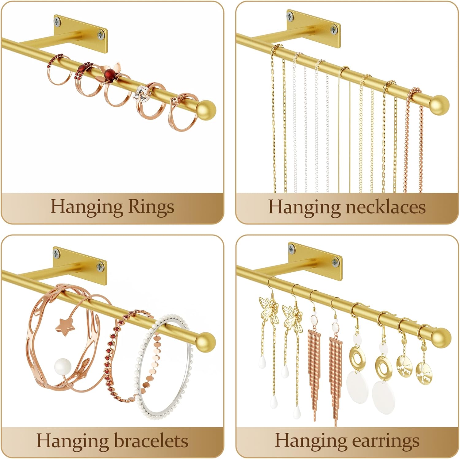 Wall Hanging Jewelry Organizer: 12.6'' Necklace Holder for Earring, Bracelet, Rings, Hairband, Glasses, Gold 2-Pack, Screws Included