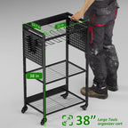 Power Tool Organizer Cart, Rolling Tool Drills Holders Storage Rack on Wheels, 38 inch Black Utility Cart for Garage Workbench, Warehouse, Gift for Husband