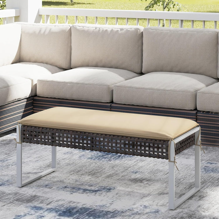 RELAX4LIFE Wicker Outdoor Ottoman Footstool - Rattan Patio Foot Rest for 2 w/Soft Cushion & Metal Frame, Multipurpose Coffee Table, 43’’ Seating Bench, Foot Stool for Garden Porch Backyard (1)