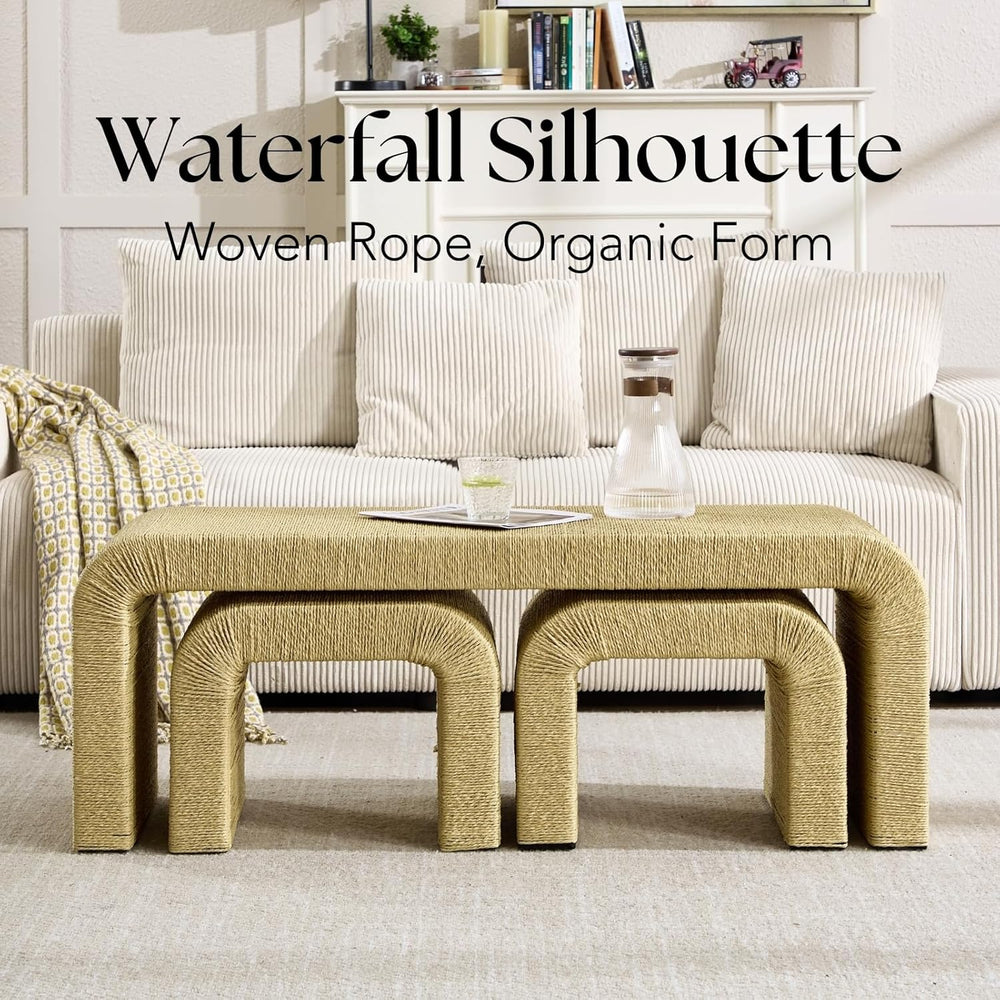 LZAREAL 3-Piece Nesting Woven Rope Coffee Table Set, 47" Boho Waterfall ...