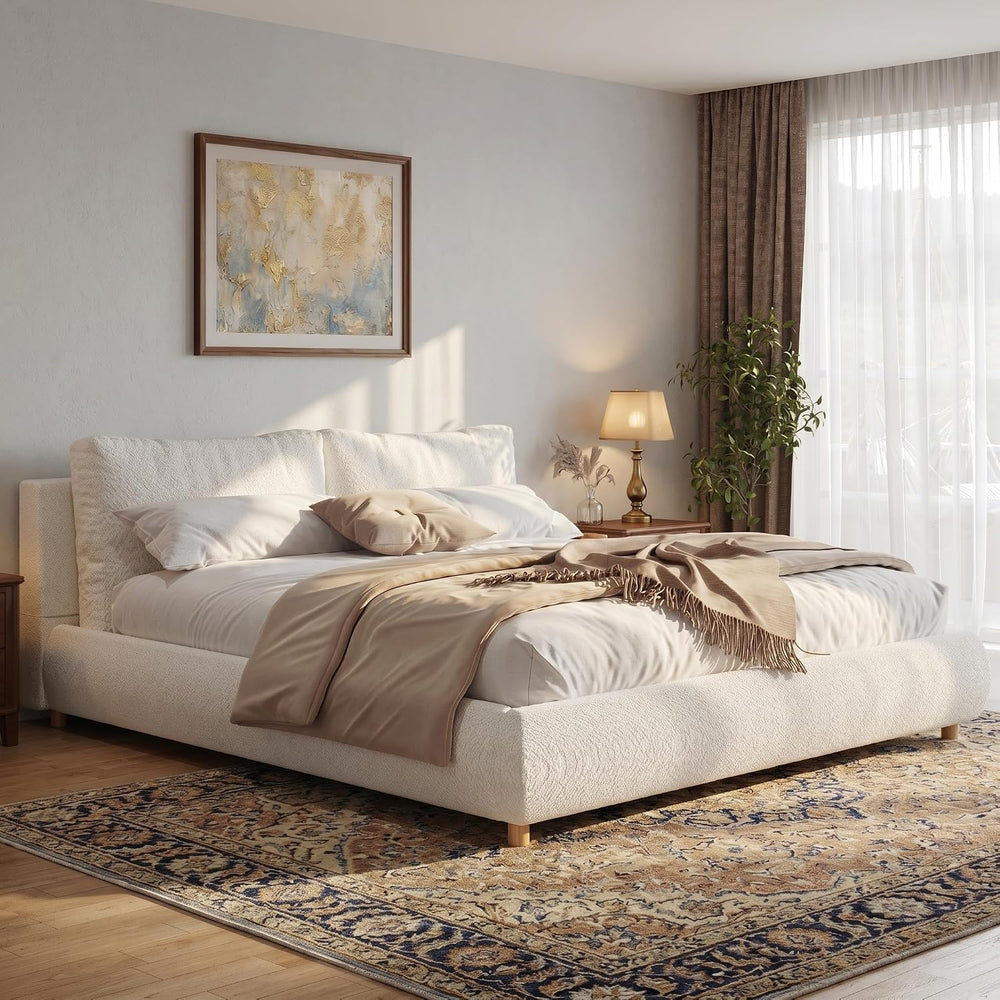 Merax King Boucle Platform Bed with 2 Removable Headboard Pillows, White