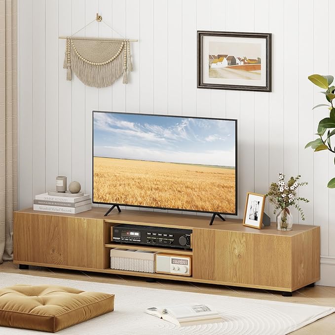 Tangkula Modern TV Stand for up to 70” TVs, 63”L Minimalist Entertainment Center w/ 2 Doors & Open Shelves, Media Console Table Storage Cabinet with 6 Support Feet for Living Room (Natural, 63”L)
