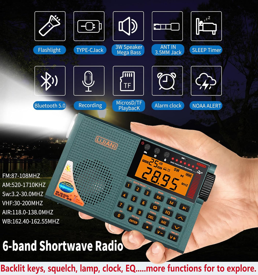 Shortwave Radio with Bluetooth, TF Card, Flashlight, Backlit Keys, Digital Re...