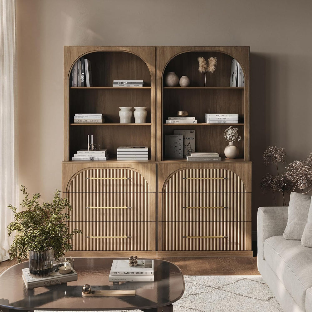 BELLEZE Display Storage Cabinet with Hutch Set of 2, 72" Tall Wood Moder...