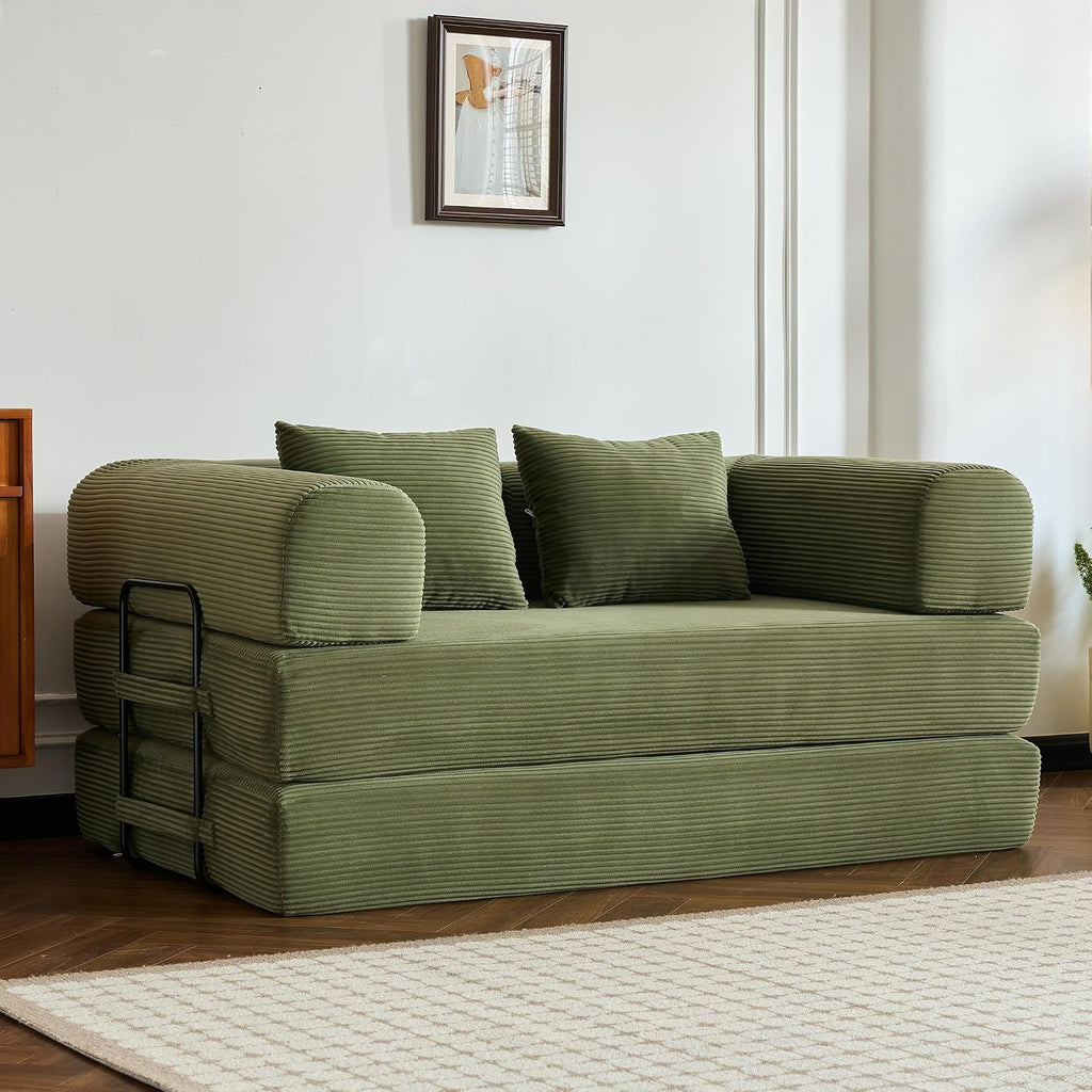 59" Convertible Floor Sofa Bed, Boneless Couches for Living Room, Green | Corduroy Loveseat Sleeper Floor Sofa, Modular Sectional Sofa, Futon Boneless Couch, Pull Out Couch, No Assembly Required