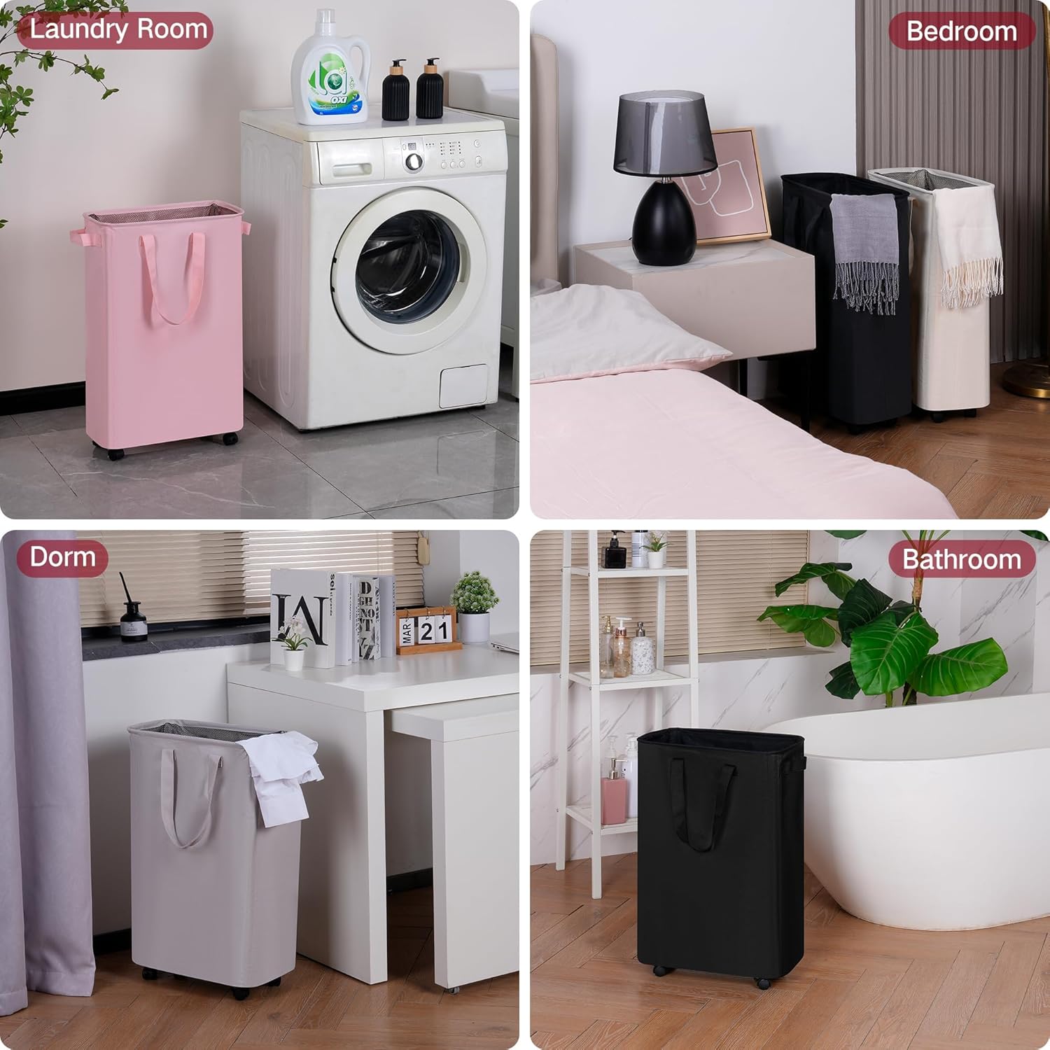 efluky Slim Laundry Hamper with Wheels, Rolling Laundry Basket for Clothes, Small Laundry Basket for Bedroom, Dorm and Laundry Room, 60L (12.7 Gallons) Pink