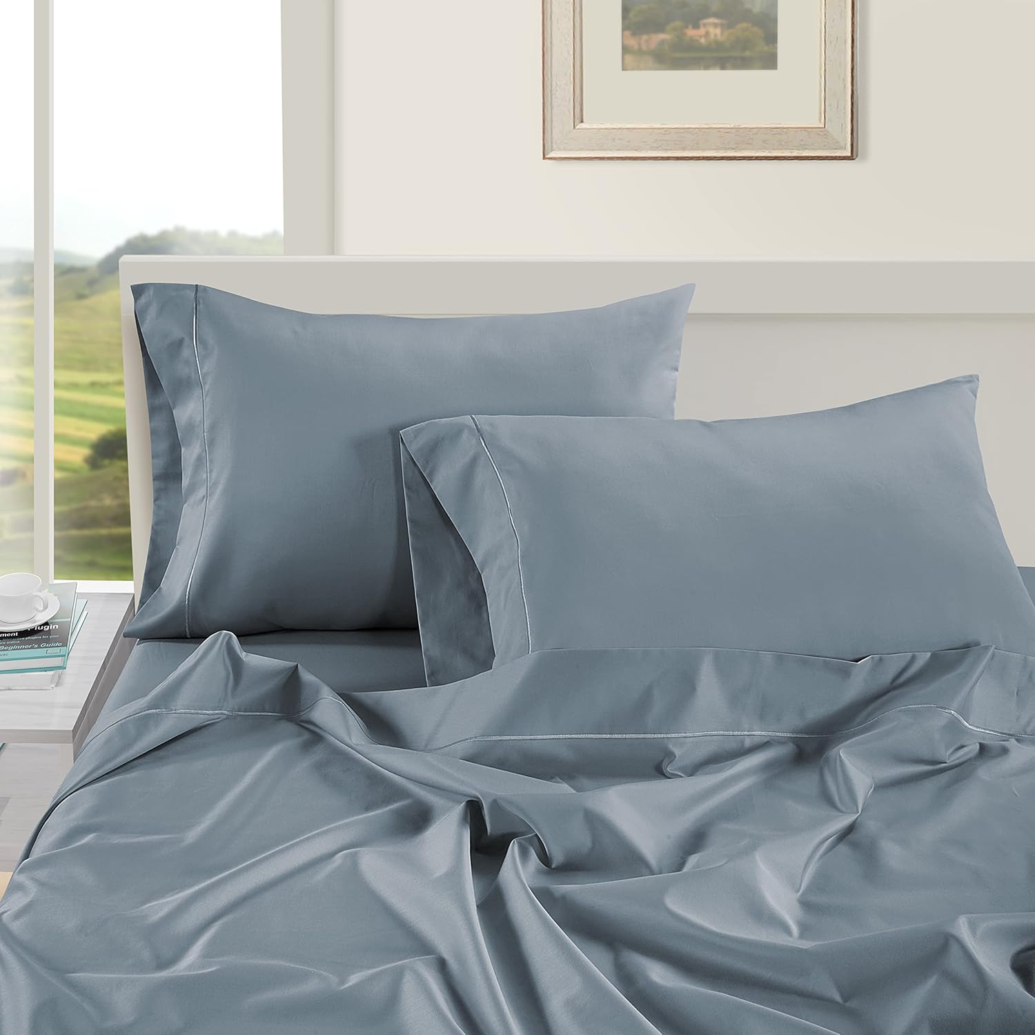 LANE LINEN Pillow Case Covers King Set of 2 100% Egyptian Cotton Sateen Soft Cool & Smooth 1000 Thread Count Cases - French Blue
