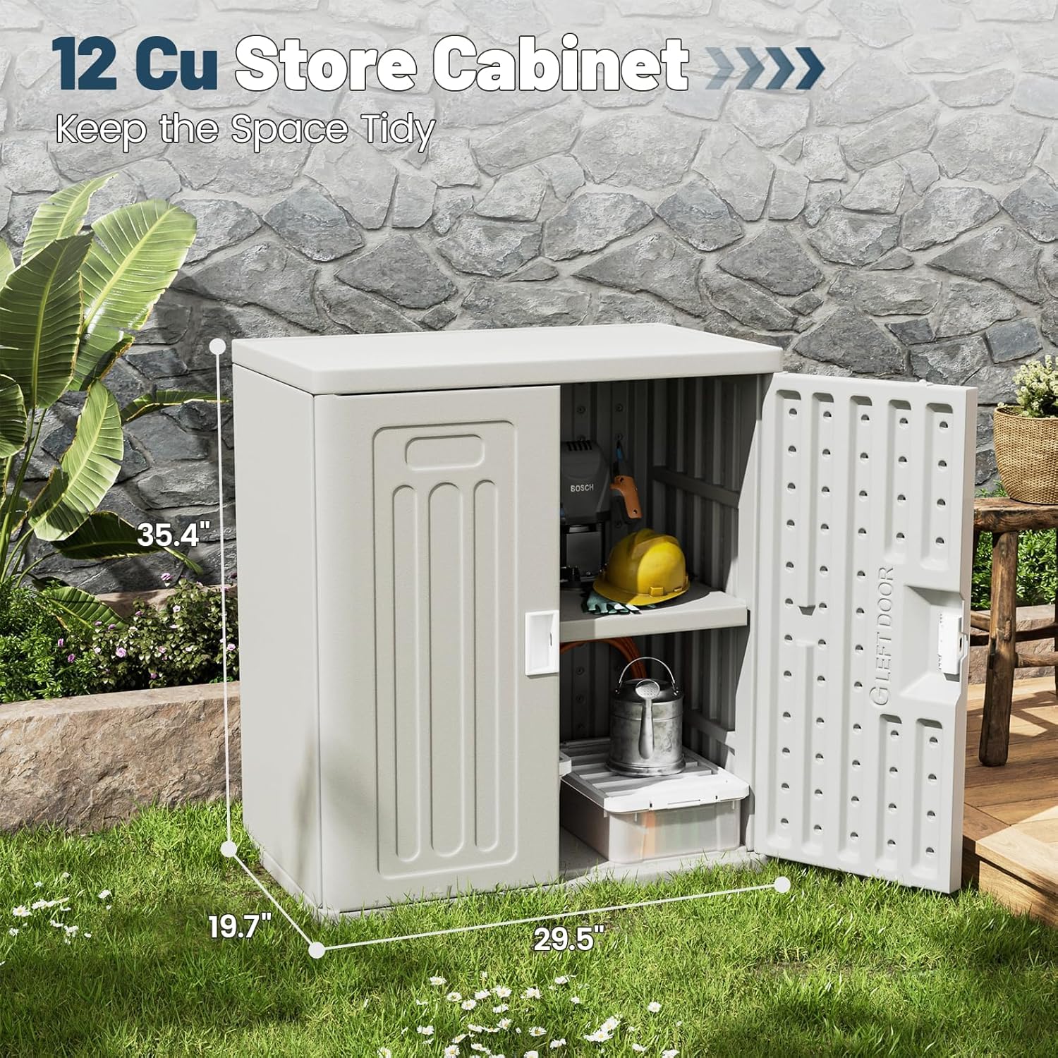 Amopatio Outdoor Storage Cabinet Waterproof with 1 Shelf, Patio Storage Shed All Weather Use for Lawn Care Accessories, 19.7" D x 29.5" W x35.4 H, Gray